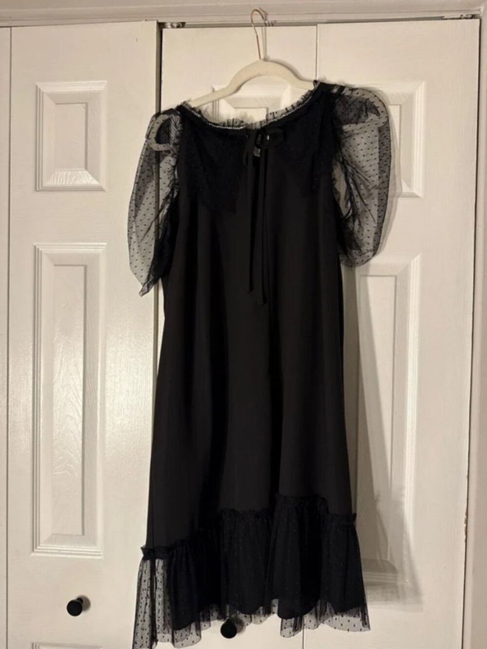 Black Sheer Polka Dot Puff Sleeve Midi Dress